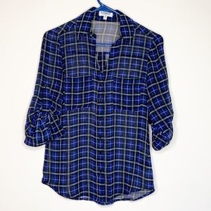 Express black and blue plaid sheer Portofino Shirt